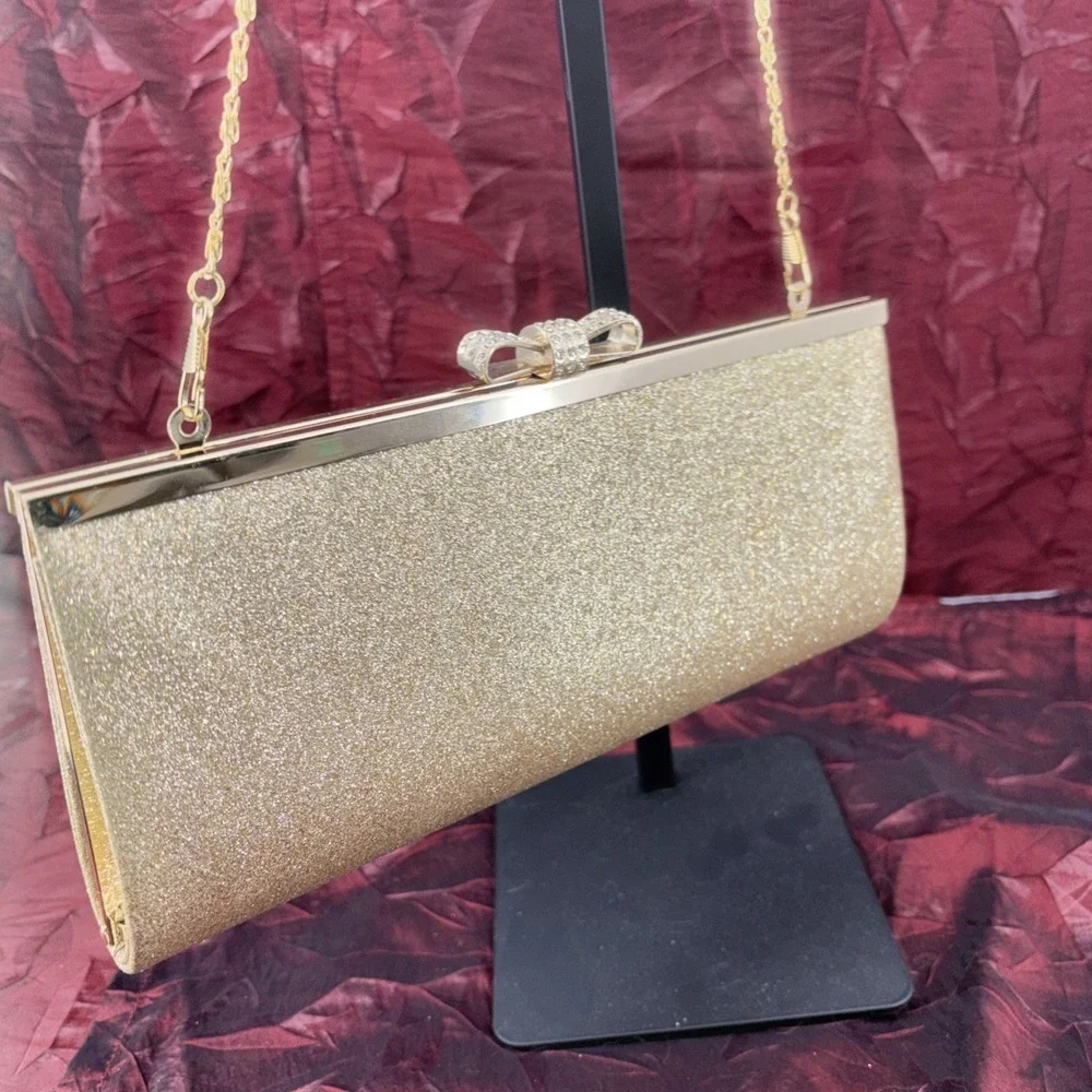 Gold Metallic Glitter Frame Crossbody Clutch Evening Bag Rhinestone Bow Clasp EC